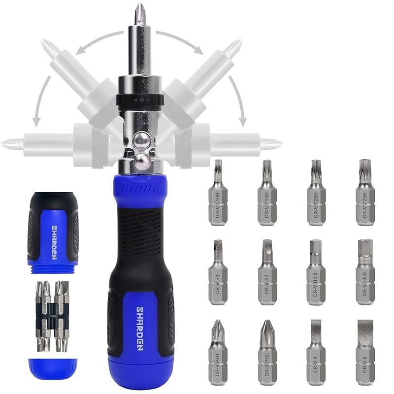Chave de fenda com catraca Sharden 13 em 1, cabo articulado em 5 posições, bits Phillips, fenda, Torx, Hex e quadrado, azul