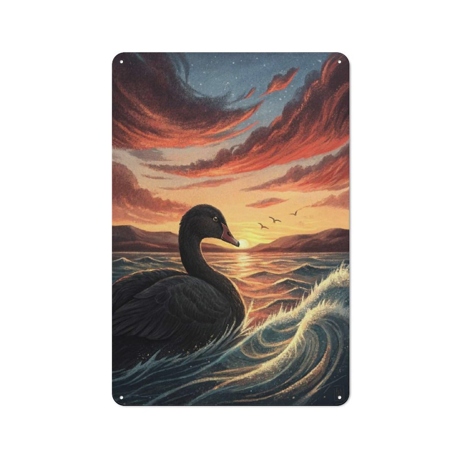 Junmoney Style-3 Tin Wall Plaque 30X20cm With Black Swan At Sunset For Studio Or Craft Room, Suited To Studio Decor Lovers