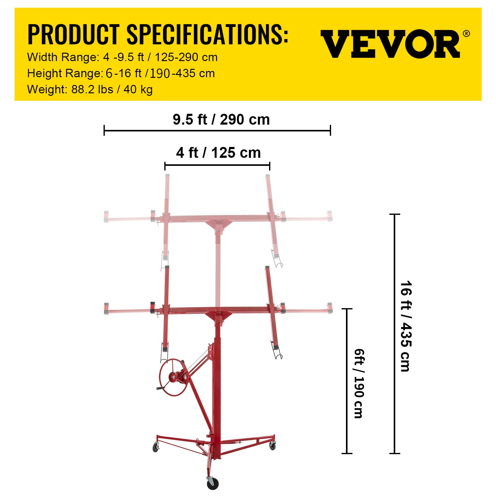 VEVOR Pannello sollevatore per cartongesso da 16 piedi, capacità peso 150 libbre, martinetto per pannelli, materiale in acciaio con braccio telescopico 48x192 cm in cartongesso
