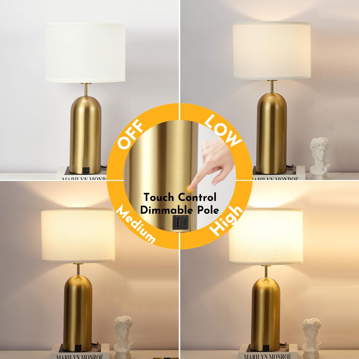 Gold Lamps Set of 2 Touch Control 3-Way Dimmable Bedside Nightstand Lamps Bedroom Lamps Modern White& Gold Table Lamp with USB Type C Ports Tall Lamps for Living Room End Table Home Office