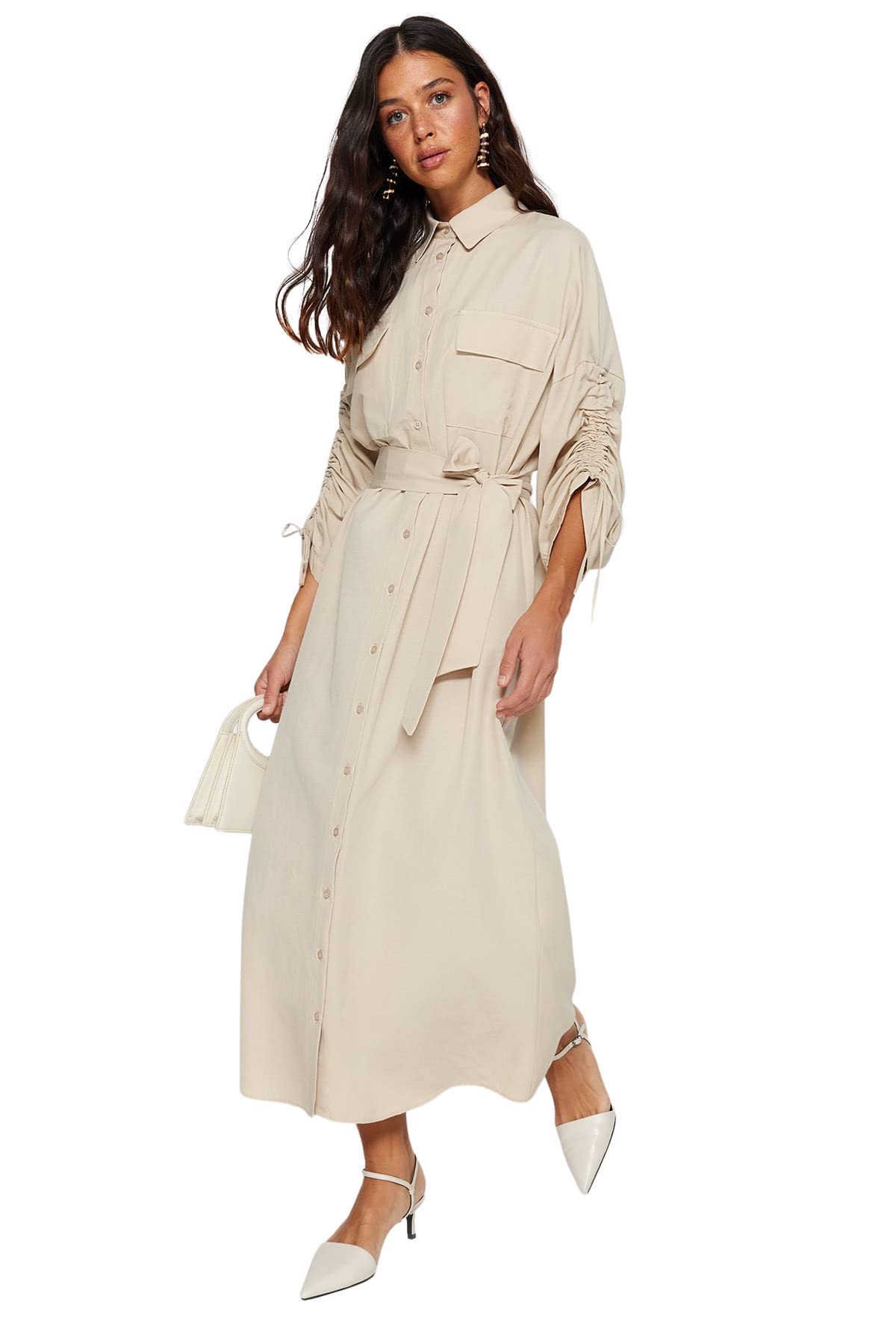 TRENDYOL Women's Beigefarbenes, Verstellbares, Detailliertes Hemdkleid aus Baumwollgewebe mit Gürtel Casual Dress, Beige, 16