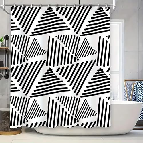 KELAIMI Black and White Geometric Striped Shower Curtain,Boho Abstract Bathroom Curtain,Waterproof Boho Geometric Aesthetic Bath Curtain with Hooks Black 200X240Cm