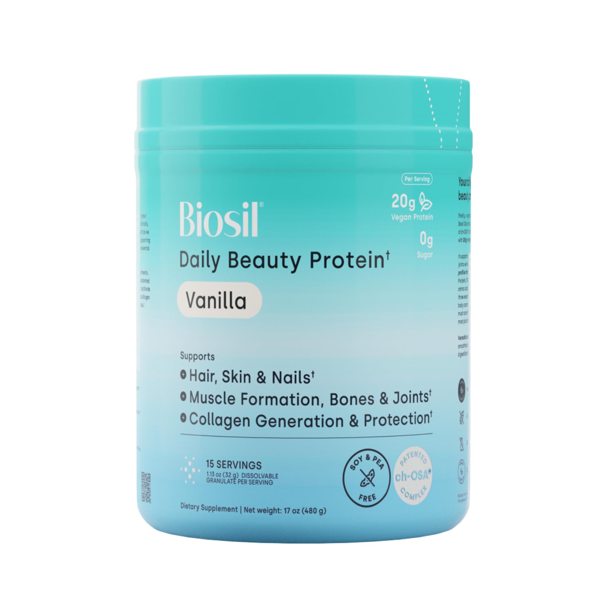 Biosil Proteína Vegana em Pó com BCAA, Baunilha, 20 g de proteína e 5 g de BCAA por porção, 15 porções, 476 g