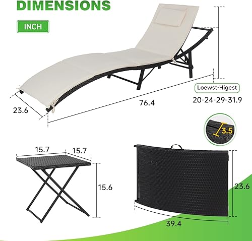 Miniatura 7 de Juego de 3 sillas de bronceado de mimbre, sillas de playa portátiles, tumbonas de ratán para patio al aire libre con 3 respaldos ajustables, cojines