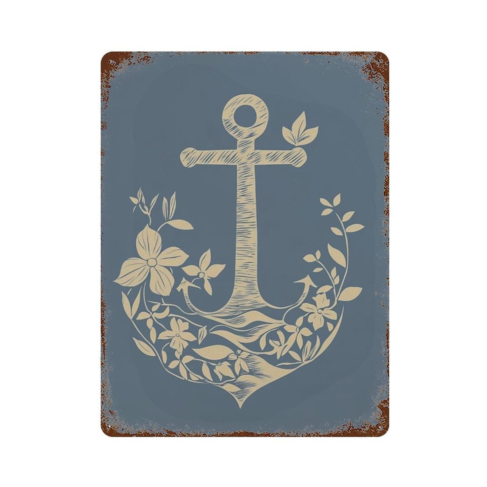 xiaoxiaoshen Nautical Anchor Coastal With Decorative And Botanical Beach House Linocut Wall Decor Art Metal Tin Poster Modern Home Decor Art Home Bar Shop Decorations Vintage Sign 40x30cm