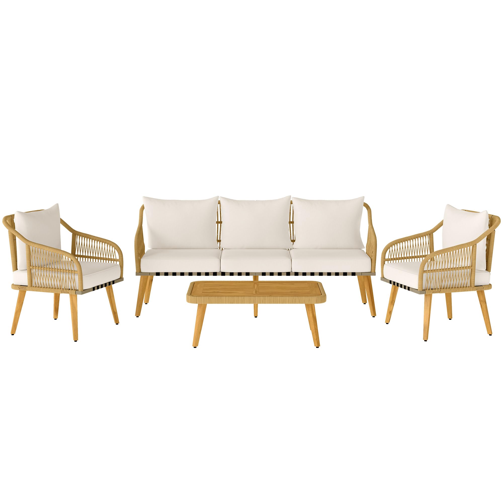 Outsunny Conjunto Jardín Exterior de Ratán con Cojines Conjunto Terraza Resistente a la Intemperie Muebles Jardín Exterior con 2 Sillones Sofá de 3 Plazas Mesa Patas de Madera de Acacia Natural