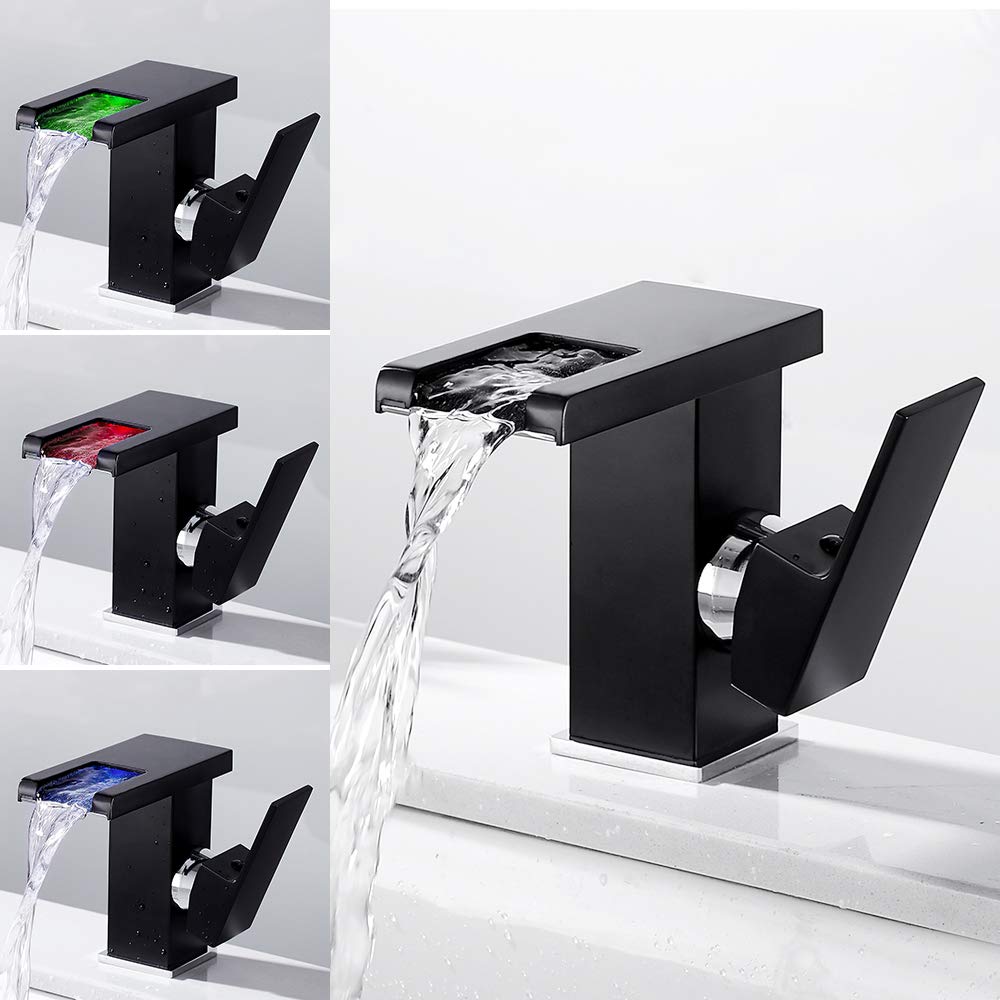 Lavabo cascade LED 3 couleurs Robinet de salle de bain Mitigeur monocommande Robinets de lavabo Noir pour salle de bain cuisine