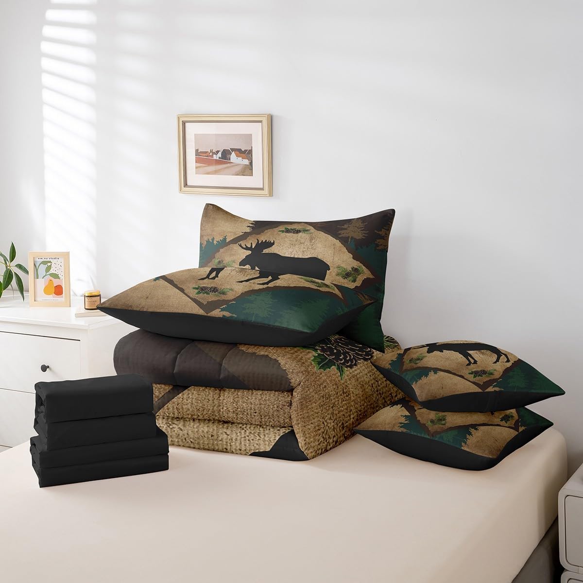Homewish Lodge Cabin Queen Size Bedding Set 7 Pcs Wild Deer Antlers Outdoor Animal Comforter Set for Kids Teens Adults All Season (Comforter,Flat Sheet,Fitted Sheet,2 Pillowcases,2 Pillow Covers)
