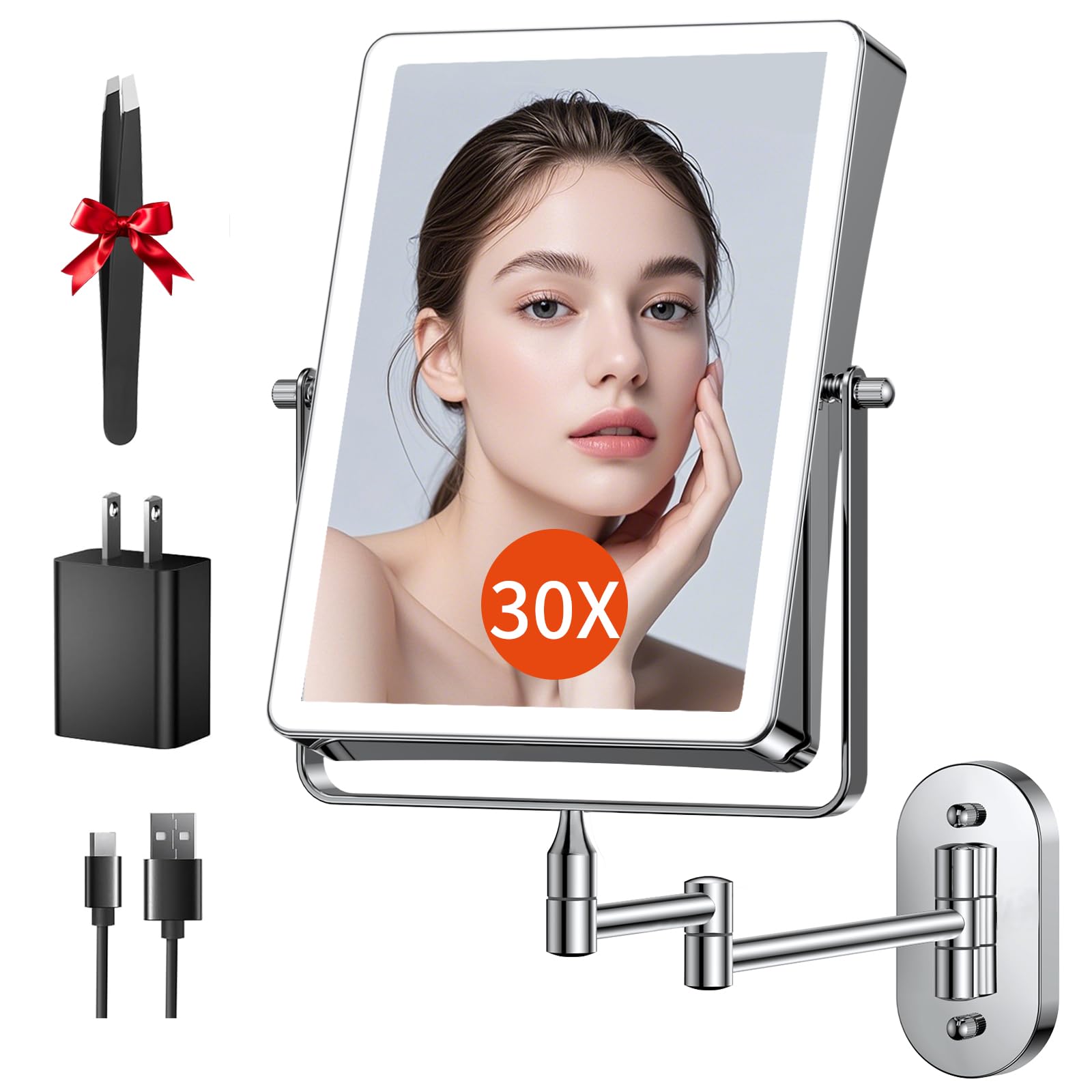 FUNTOUCH 5000mAh Rechargeable Wall Mounted Makeup Mirror with Lights 8 7 Double Sided 1X 30X Magnifying Mirror with
