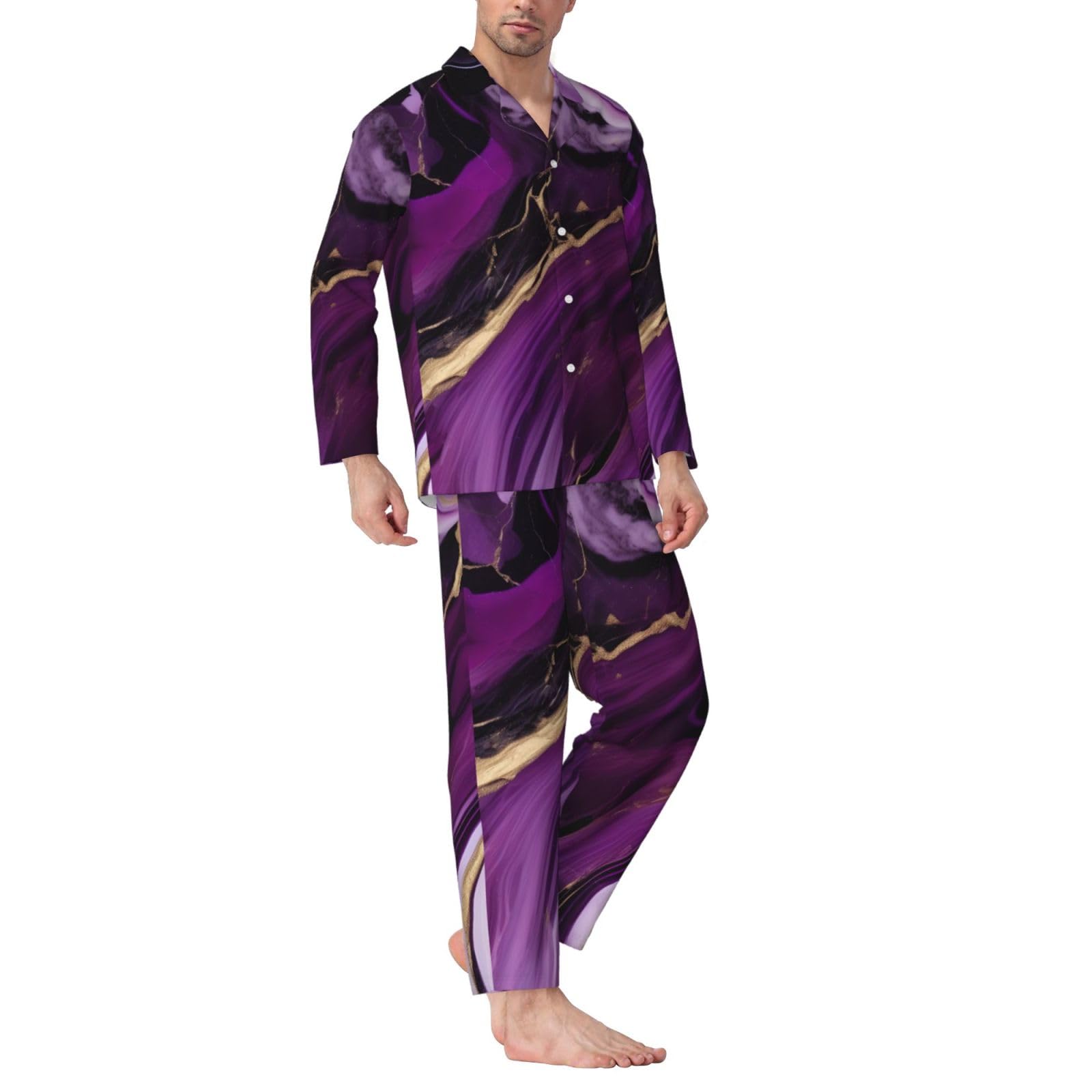 Set pigiama a maniche lunghe da uomo in marmo con texture viola scuro 1 stampa set pigiama da notte in due pezzi abbigliamento da notte traspirante