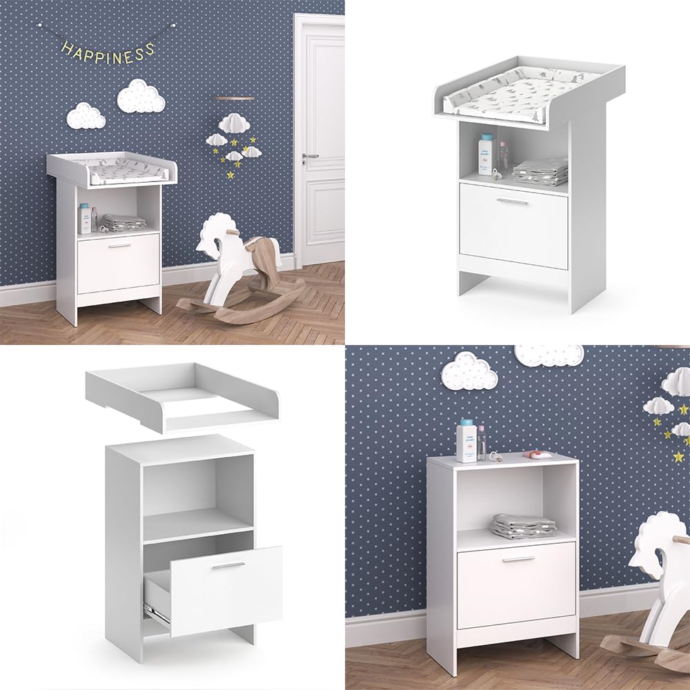 Vicco Fasciatoio Leo, Bianco, 60 x 103 cm con cassetto, con ripiano aperto per un accesso rapido agli articoli per la cura