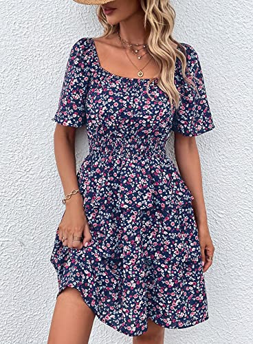 Image of PRETTYGARDEN Women's Summer Floral Ruffle Short Dress | Short Sleeve Square Neck, Flowy Tiered Hem, Fit and Flare, Flower Boho Dresses, Cute Beach Vacation Outfits, Fashion Clothing
