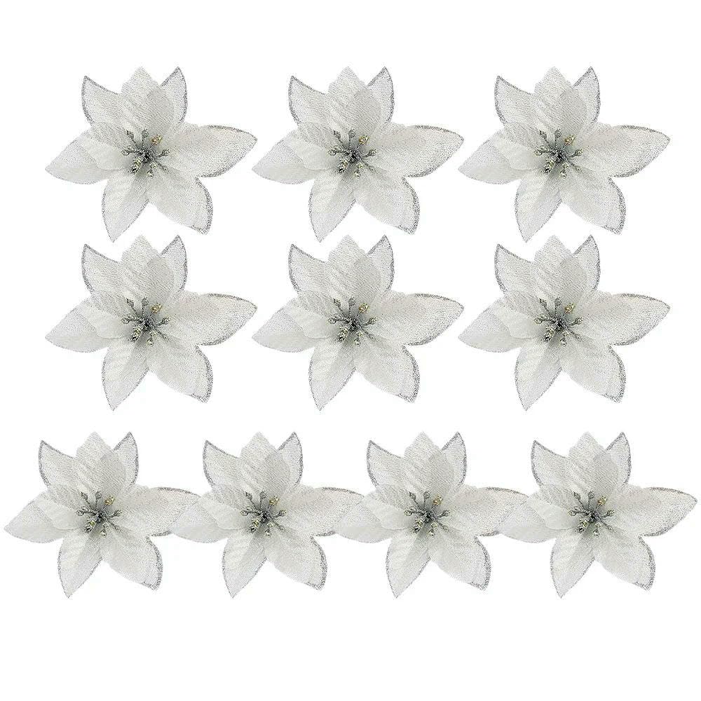 50/10x Große künstliche Glitzer-Weihnachtsblumen zum Selbermachen, Christbaumschmuck, rote Weihnachtssternblumen für Partydekoration, Silber, 50 Stück