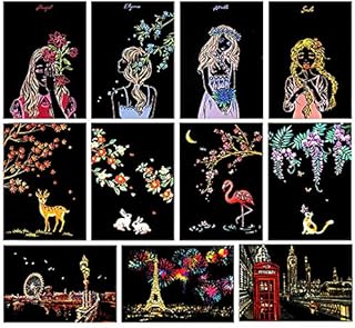 Magic Scratch Art Paper(7.9"x5.5"), Rainbow Landscape Engraving Art Mini Scratchboard Pads for Adults and Kids, Art & Crafts Set: 12 Sheets Scratch Postcard Cards & Drawing Pens, Brush (City Living)