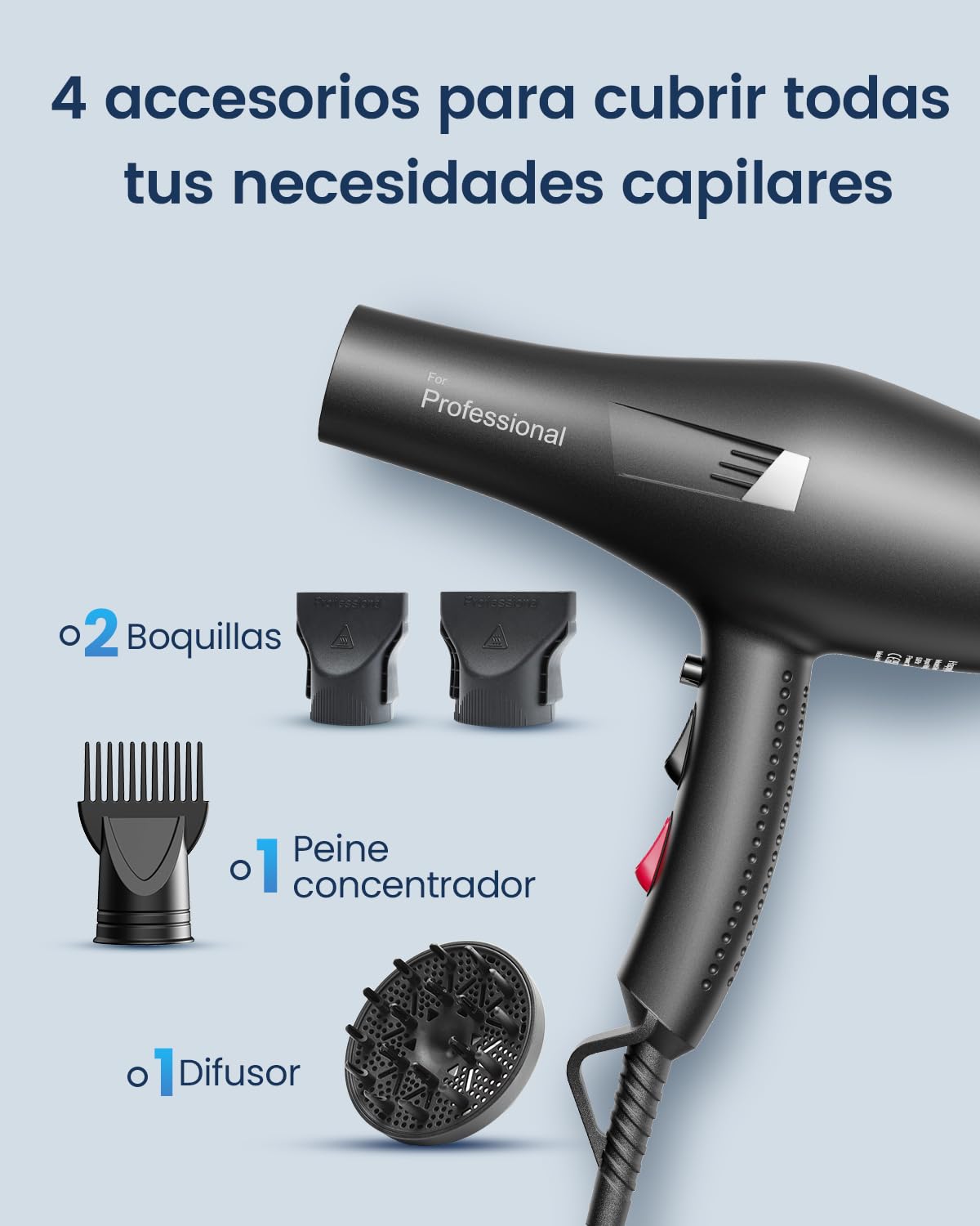 Secador Pelo Profesional Iónico Hair Dryer, secado rápido de salón sin encrespamiento, con difusor y concentradoras, 3 temperaturas, 2 velocidades y aire frío