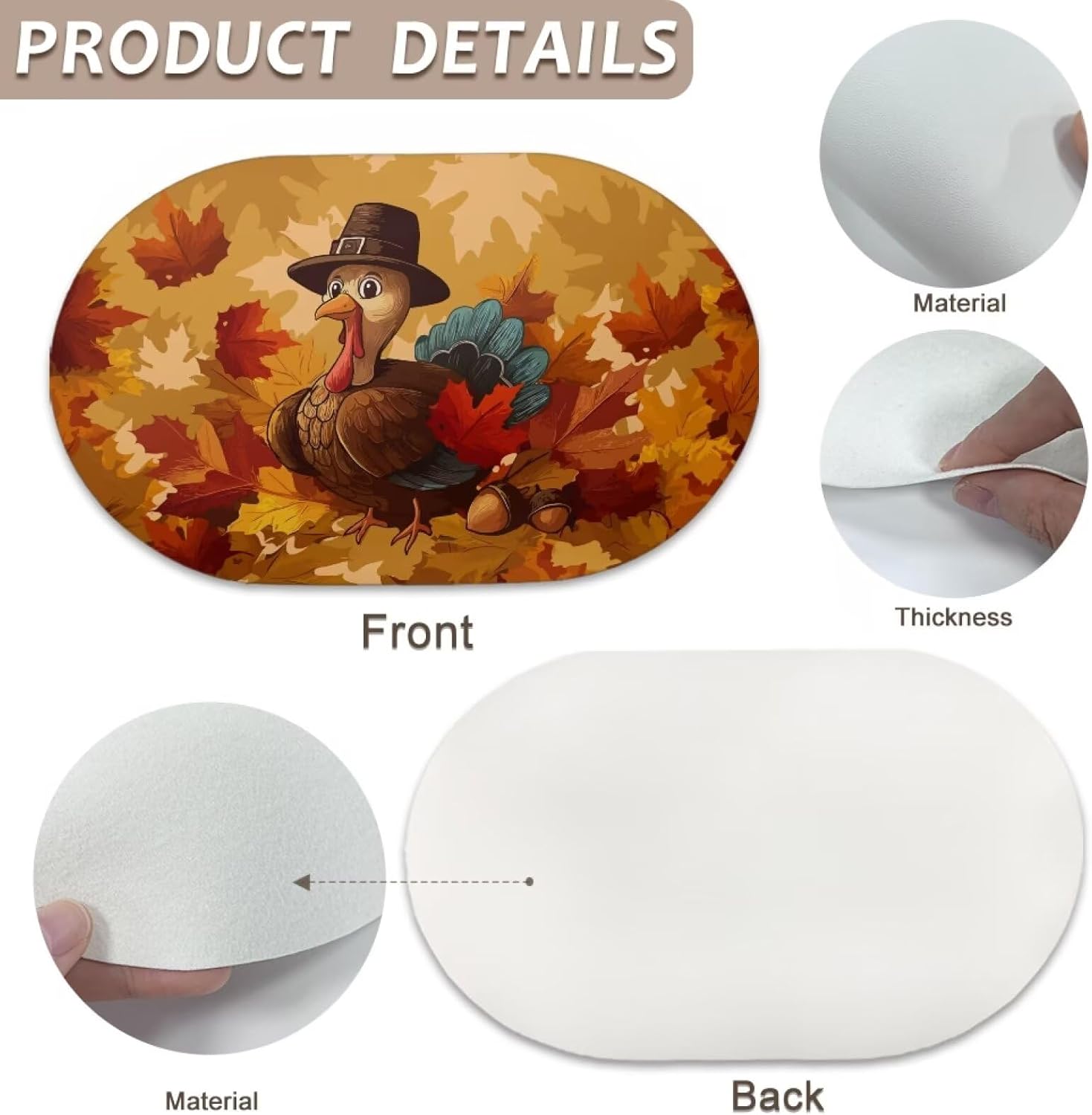 Maple Leaf Turkey Oval Placemat, PU Leather Placemats Waterproof Faux Leather Placemats Waterproof Place Mats for Dining Table Set of 4