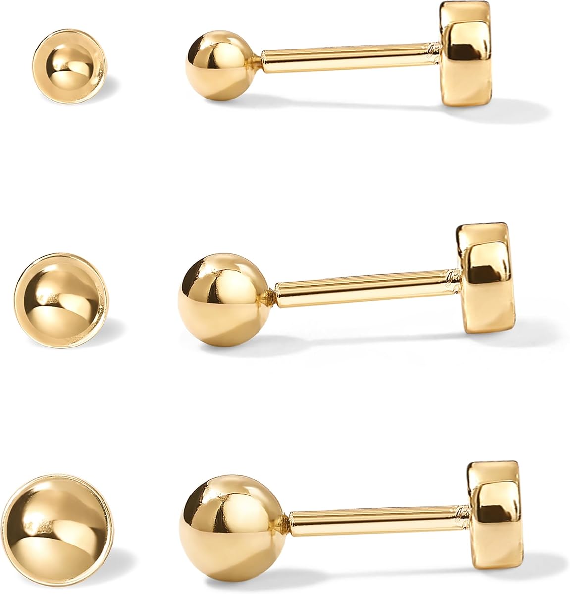 PAVOI Pendientes de bola chapados en oro de 14 quilates con parte trasera plana para mujer, cartílago | Pendientes hipoalergénicos con postes de plata de ley 925, joyería perforante de hélice delicada, pendientes pequeños con tornillos