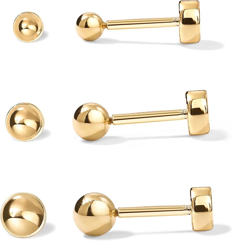 PAVOI Pendientes de bola chapados en oro de 14 quilates con parte trasera plana para mujer, cartílago | Pendientes hipoalergénicos con postes de plata de ley 925, joyería perforante de hélice delicada, pendientes pequeños con tornillos