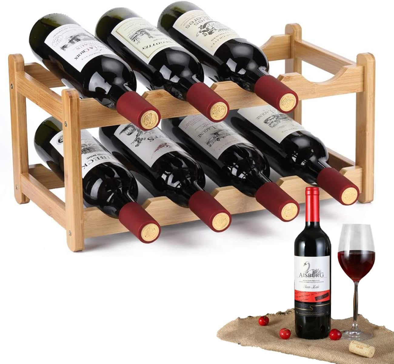 TOMVAES Wine Rack Free Standing 8 Bottle 2 Tier Bamboo Wine Racks Countertop Cabinet Wine Holder Wine Storage Shelf for Kitchen,Bar,Pantry, Wine Cellar,Basement,Countertop