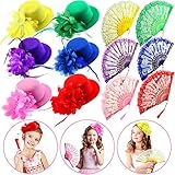 12 Pcs Tea Party Decorations, Tiny Tea Party Hats for Little Girls with Elegant Rose Lace Floral Folding Hand Fans Baby Kids Decorative Costume Accessories for Birthday Wedding Tea Party Supplies