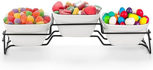 Miniatura 5 de ZENFUN Juego de tazón cuadrado de 10 onzas, cuencos de ramekin de Pocelain con soporte de estante de metal, platos pequeños blancos, bandeja para