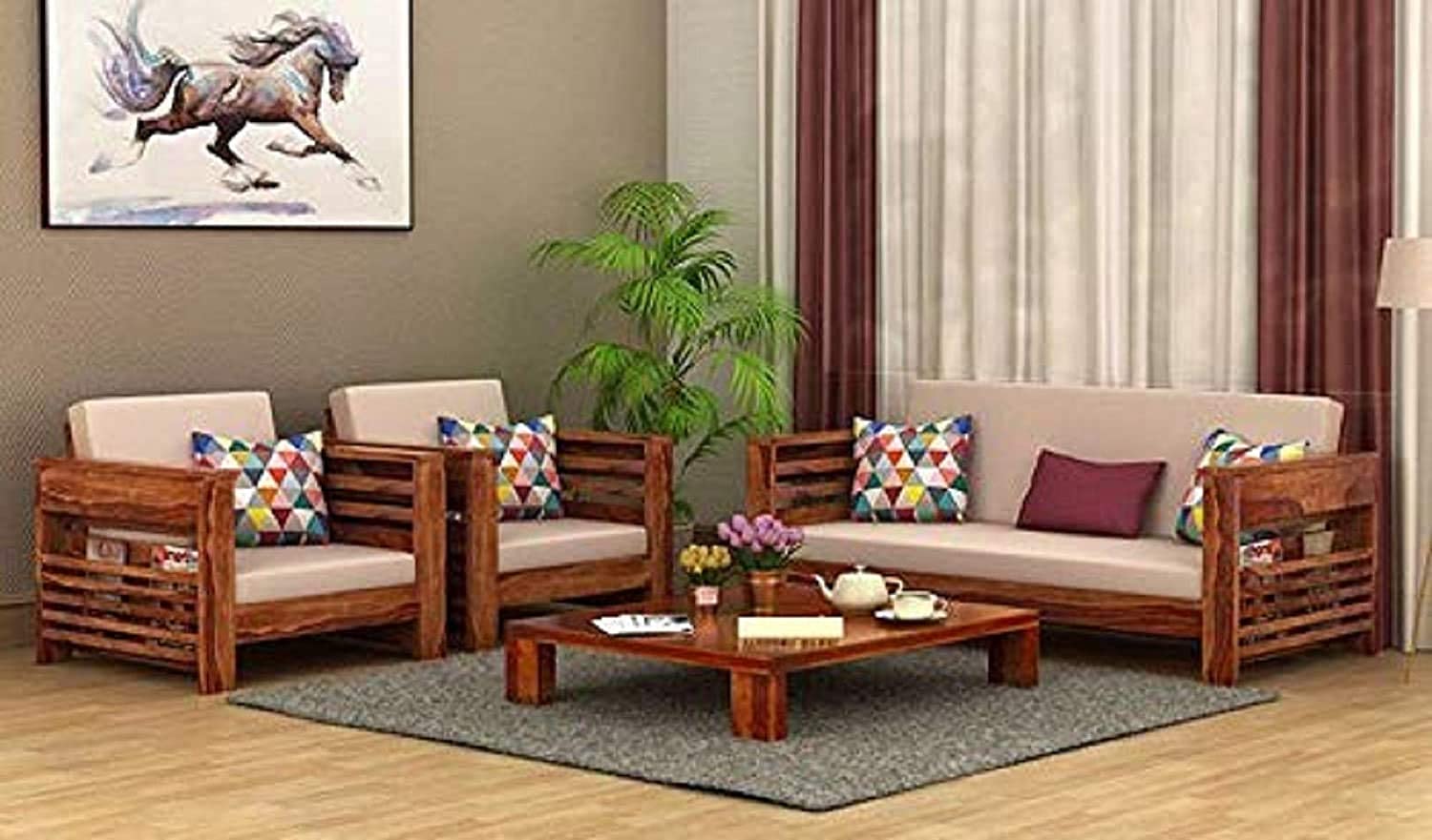 SDSF ARTS Solid Sheesham Wood Sofa Set 5 Seater - Wooden Sofa Set 3+1+1 with Side Magazine Holder for Living Room | Five Seater Set for Office & Lounge | Cream Cushion & Teak Brown