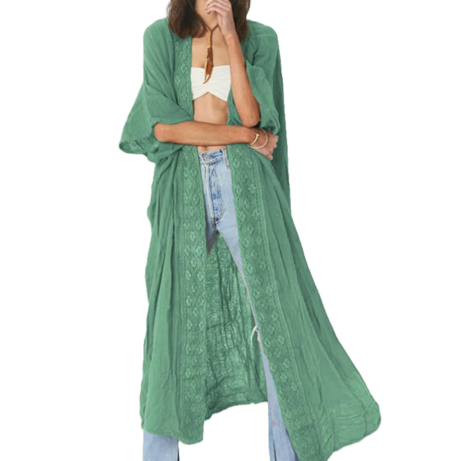Copricostume da Spiaggia Copertura sulla Donne Kimono in Pizzo Trim Bohémien Swimian Cape Casual Pareo Summer Beachwear Bathing Abita-Kimono Verde-Una Dimensione