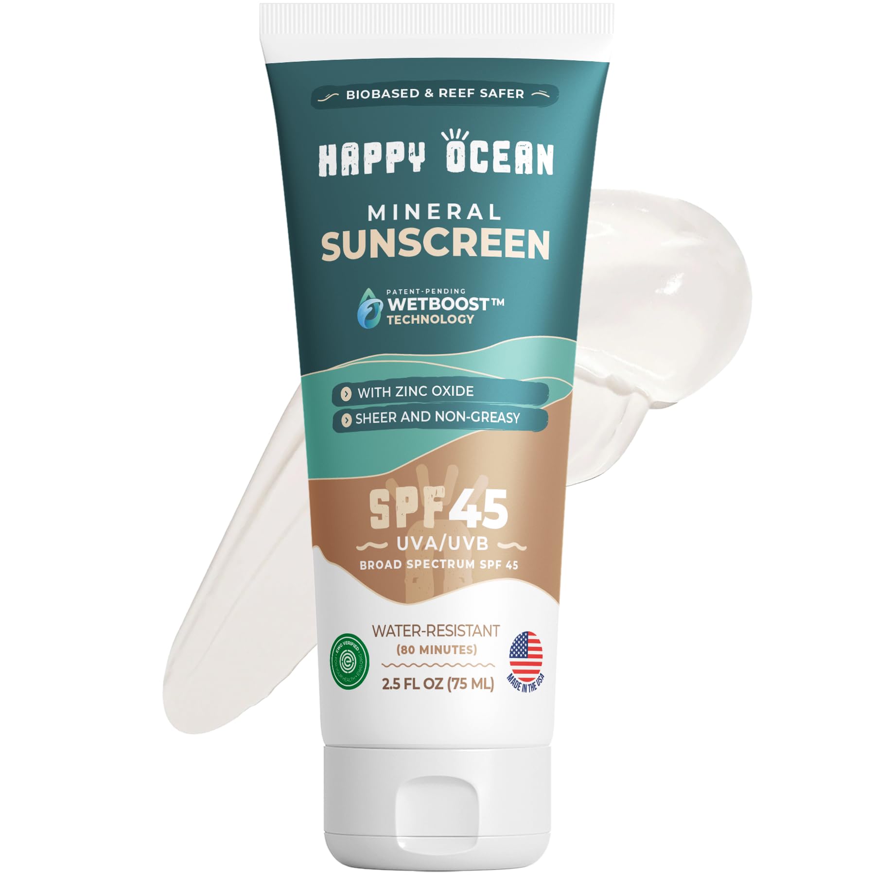 Happy Ocean Reef Safe Mineral Sunscreen SPF 45 – Non-Nano Zinc Oxide Lotion, Water Resistant 80 Min, Travel Size 2.5 oz, Face & Body Original 2.5 Fl Oz (Pack of 1)