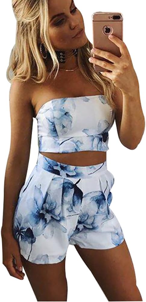 RUIGO Women's 2 Pcs Floral Print Bohemian Crop Tops+Shorts Set Two Piece Outfit Suit (L, White)