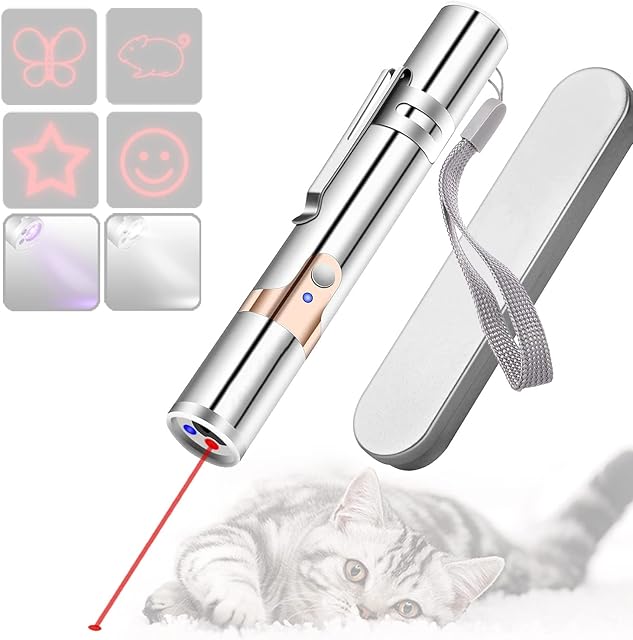 Cat Chaser Toys, Interactive Teaser Wand, USB Rechargeable Upgrade 3 in 1 Function include Flashlight and UV Light, Multi-Pattern Funny Pet Command Pet Training Exercise Tool for Cat Dog