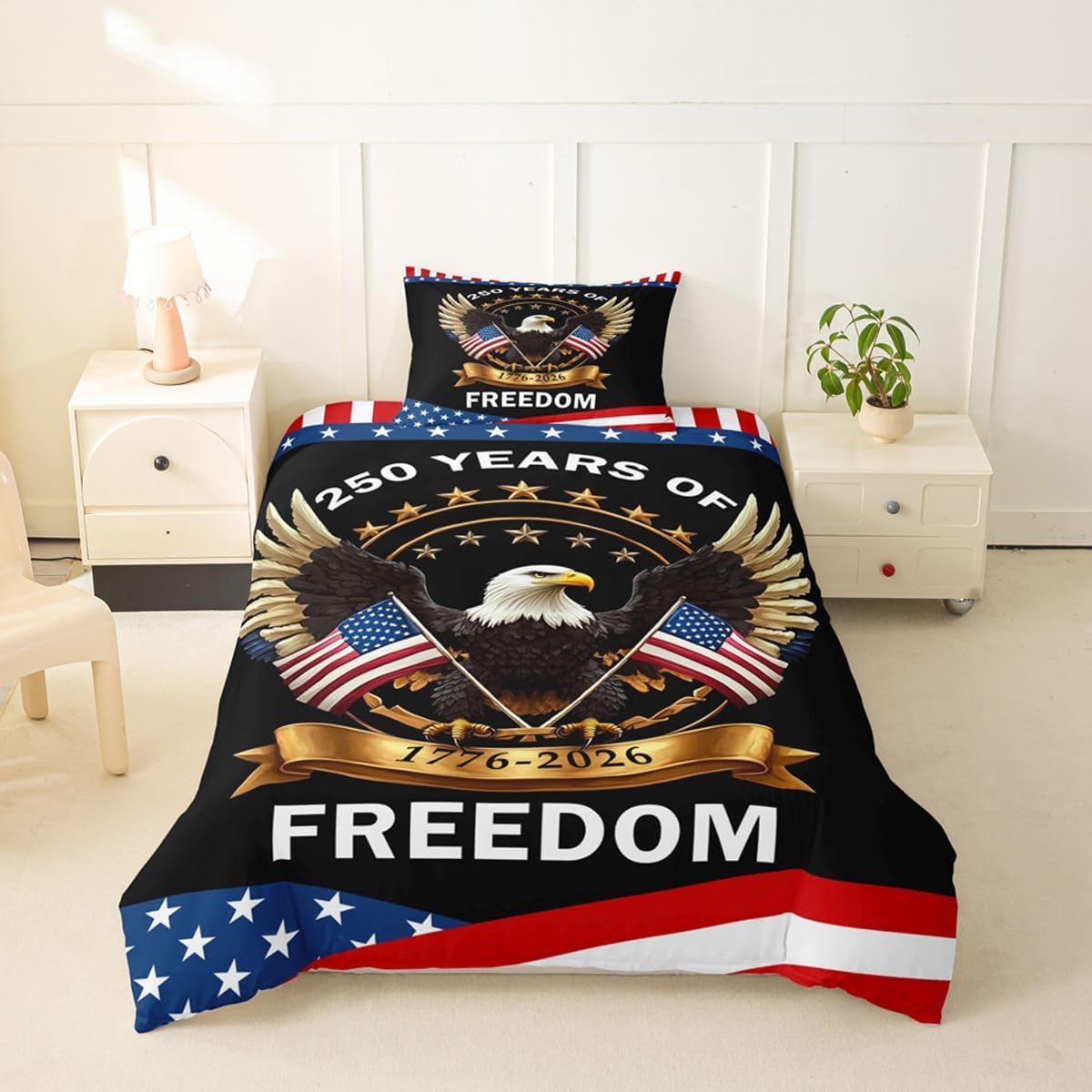 Feelyou 4th of July Duvet Cover Toddler Size American Flag Bedding Set Breathable Soft 250 Years 1776-2026 Comforter Cover 2Pcs Bedroom Decor