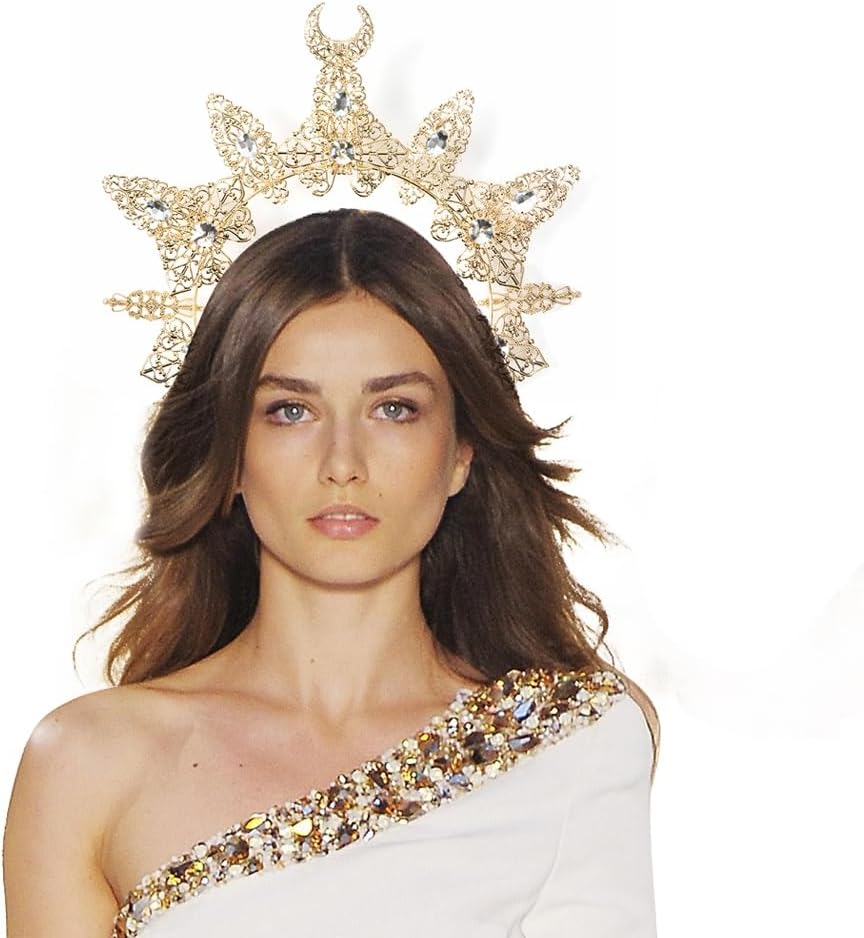Bubbmi Women Halo Crown Goddess Headband with Rhinestone, Moon Goddess Tiara Halloween Festival Party Costume Headwear