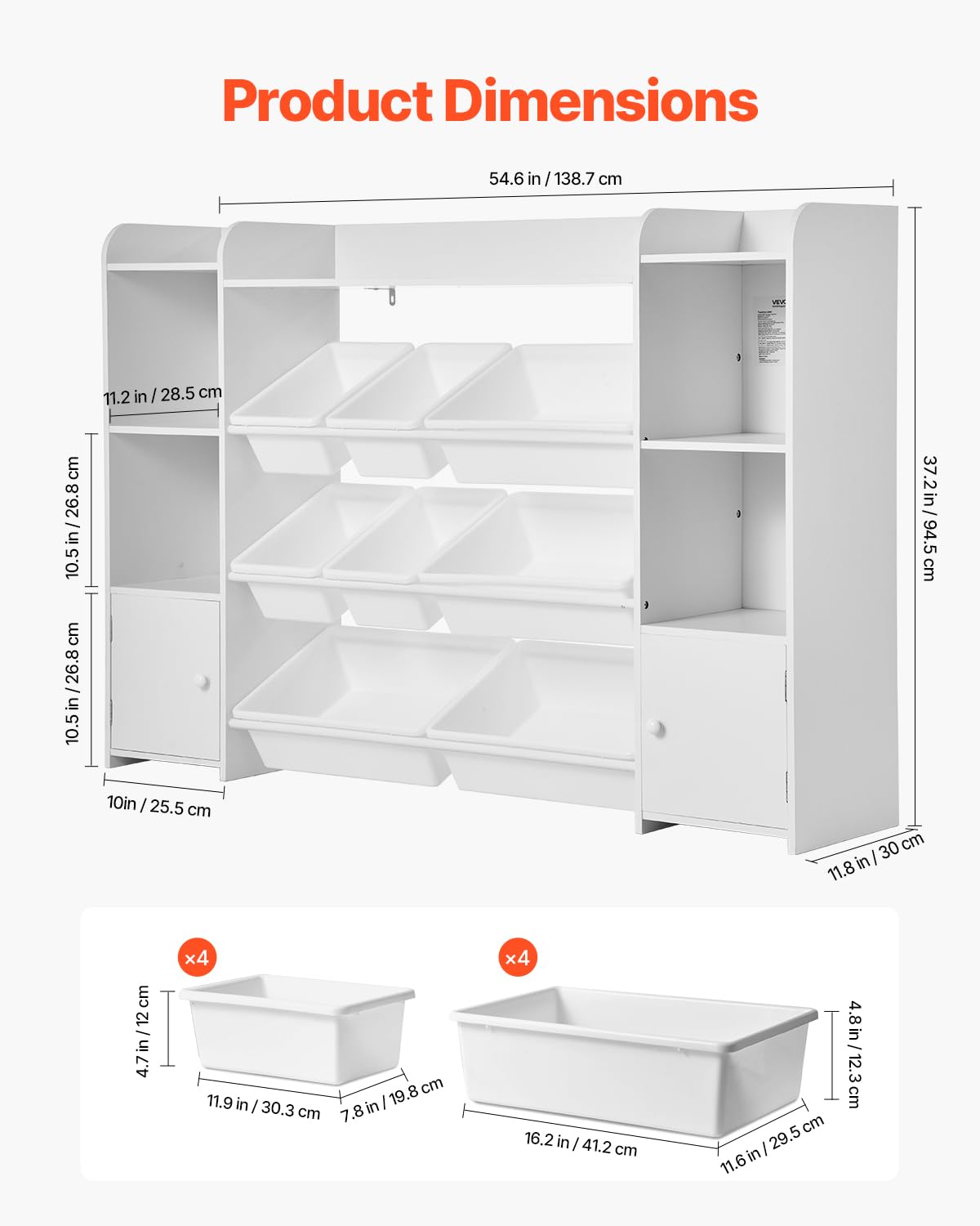 VEVOR Meuble de Rangement Jouets Enfant à 4 Niveaux avec bibliothèque, Grande étagère d'organisateur de Jouets avec 8 bacs en Plastique Flexibles, pour Salle d'étude, Chambre, Salle de Jeux, Blanc