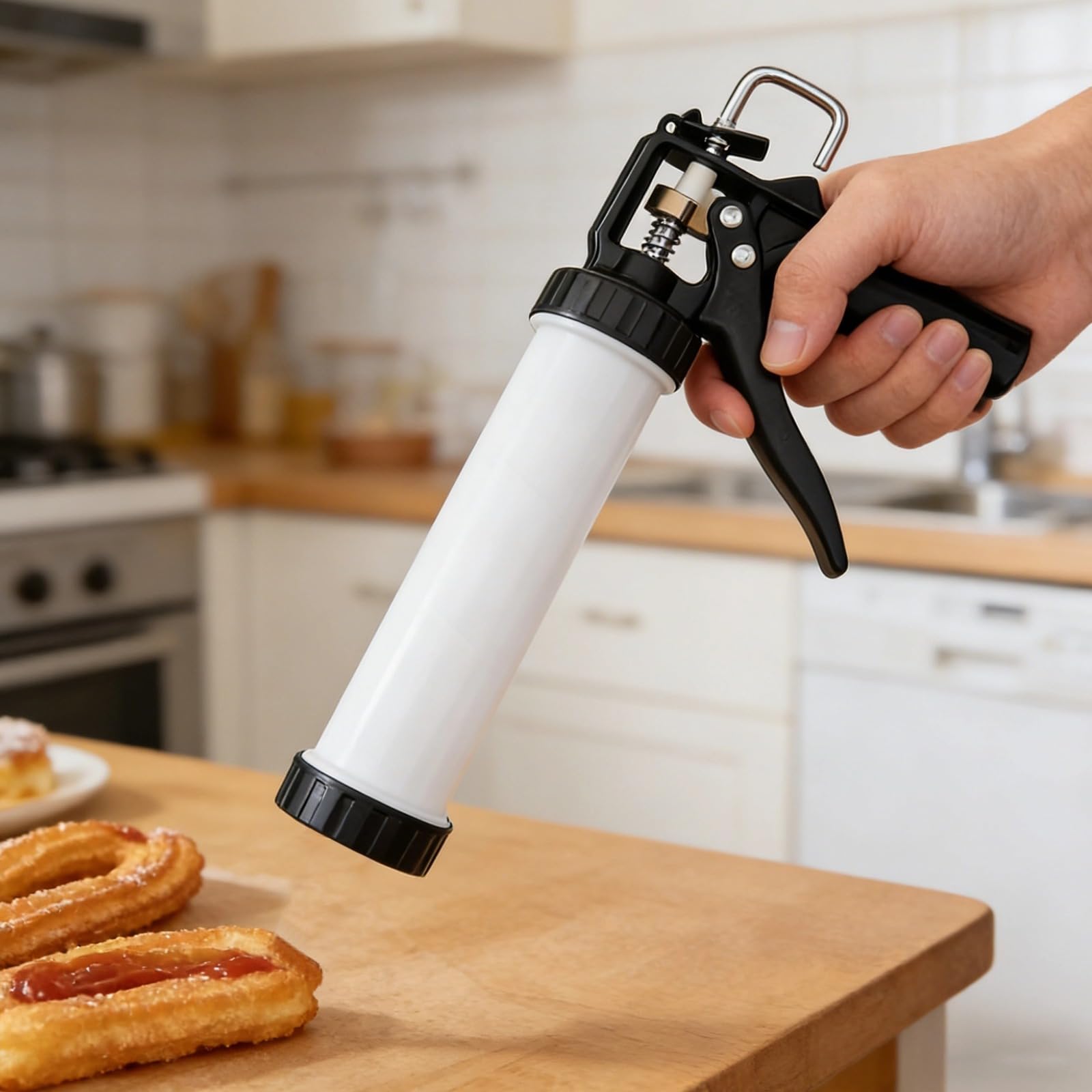 Machine à Churros 51 FL oz, 1,5 L, Presse à Churros espagnole Manuelle avec 4 Buses et Embout de Remplissage, poignée Facile à saisir, Brosse de Nettoyage Incluse