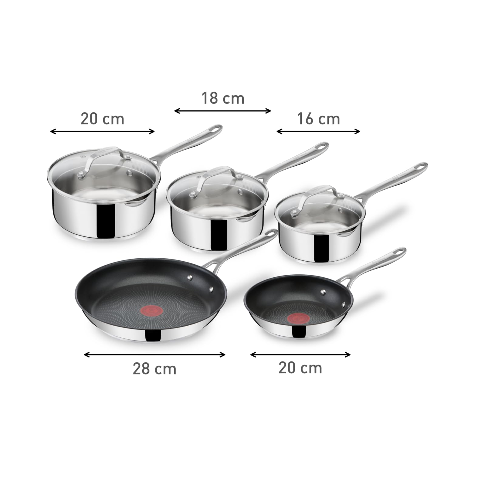 Tefal Jamie Oliver - Juego de 2 Sartenes antiadherentes 20/28 cm + 3 Cazos 16/18/20 cm + 3 Tapas, Apto inducción, Thermo-Fusion, marcas medición, apto lavavajillas y horno, acero inoxidable