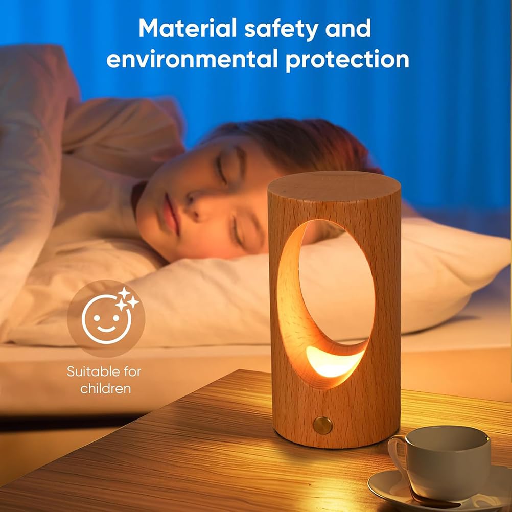 Holz Tischlampe Kabellos Akku Tischleuchte LED Dimmbar Touch Lampe mit Schalter Warmes Weiß 3000K Innen Baum Loch Wiederaufladbar Nachtlicht Runde Lampe Nachttischlampe für Schlafzimmer Kind