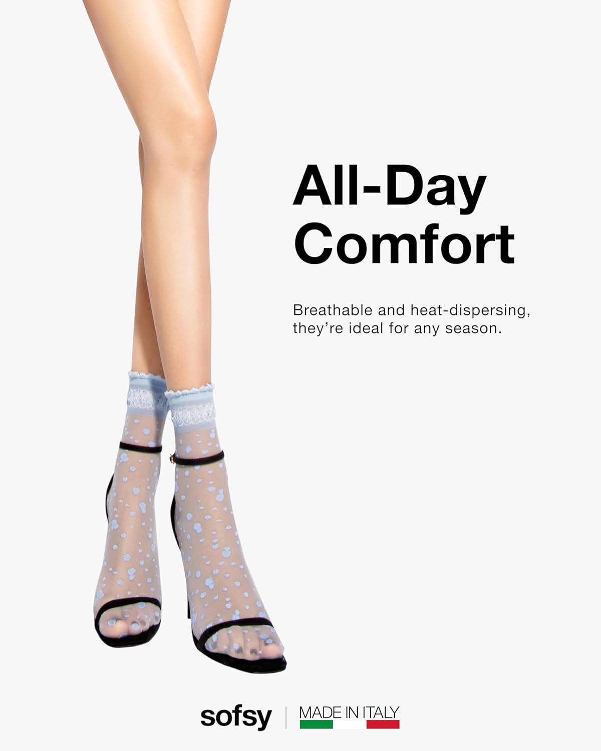 sofsy Italian Dotted Socks Collection (Ankle & Knee High) 20 Den Sheer Patterned Stockings with Ruffled Lace, Geometric Cuffs