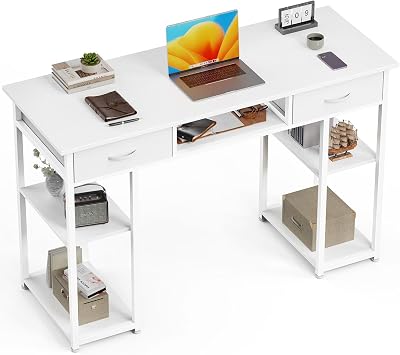 47 Inch Computer Desk with 2 Drawers, Home Office Desk with Wooden Shelves, Study Writing PC Table for Small Spaces, Bedroom, Dorm or Living Room, White