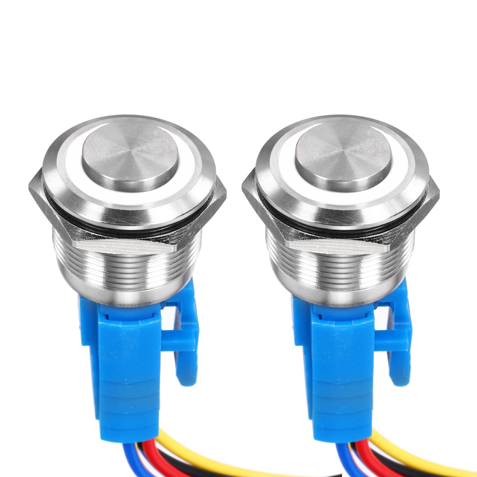 DMiotech 2 Pack 7/8 Inch Stainless Steel Momentary Push Button Switch Domed Head 5A 110-220V Silver Shell with Cable Socket White LED 1NO1NC for Car Boat Systems Custom Setups