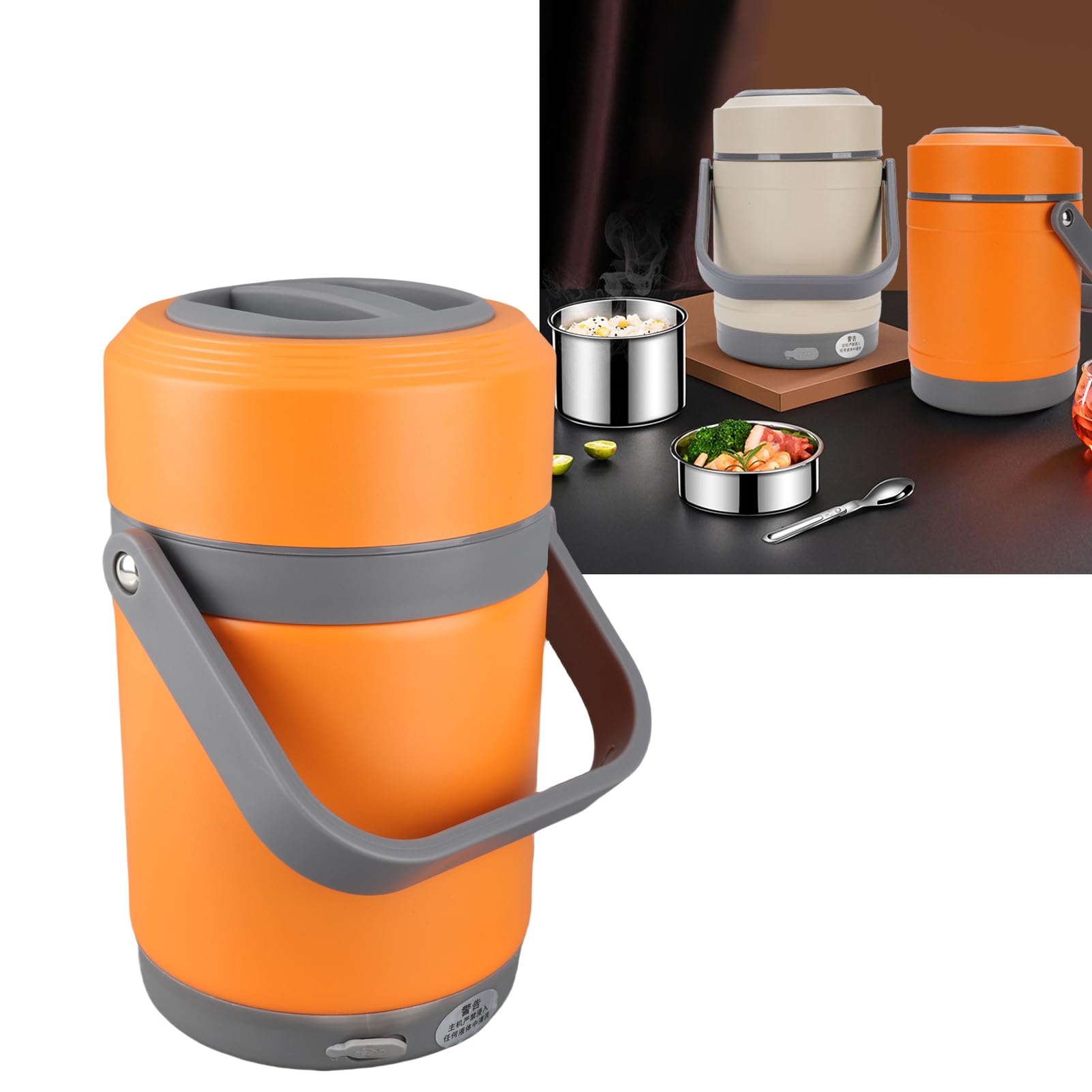 SIXRUN Kochtopf, 2 L Tragbarer Lebensmittelbehälter aus Edelstahl mit 304-Tablett, Wasserbeständiger IPX5-Hebetopf mit Konstanter Temperatur, 3 Plus 1 Behälter für Reisen, Camping, Büro (ORANGE)
