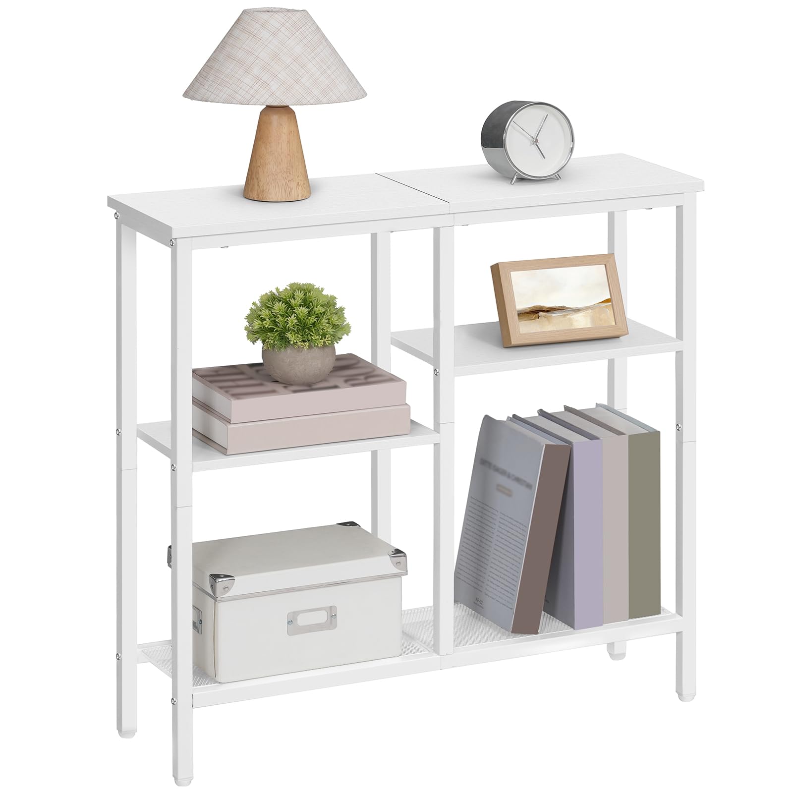 HOOBRO Tavolo Consolle Ingresso, Tavolo da Divano, a 4 Ripiani, Stile Industriale con Ripiani di Rete Metallica, per Ingresso, Soggiorno, Corridoio, Bianco EWW79XG01