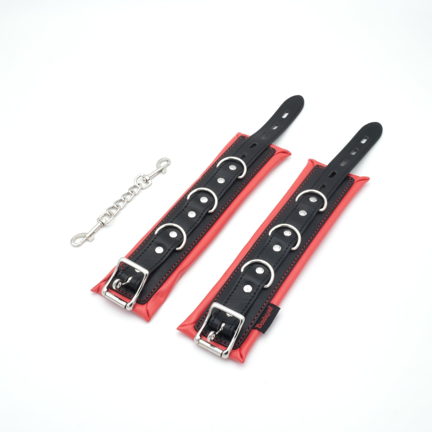 BONDAGERIE® Manette per Coppia Nero e Rosso, imbottite e morbide, sexishop uomo donna lui lei accessori catenina metallo