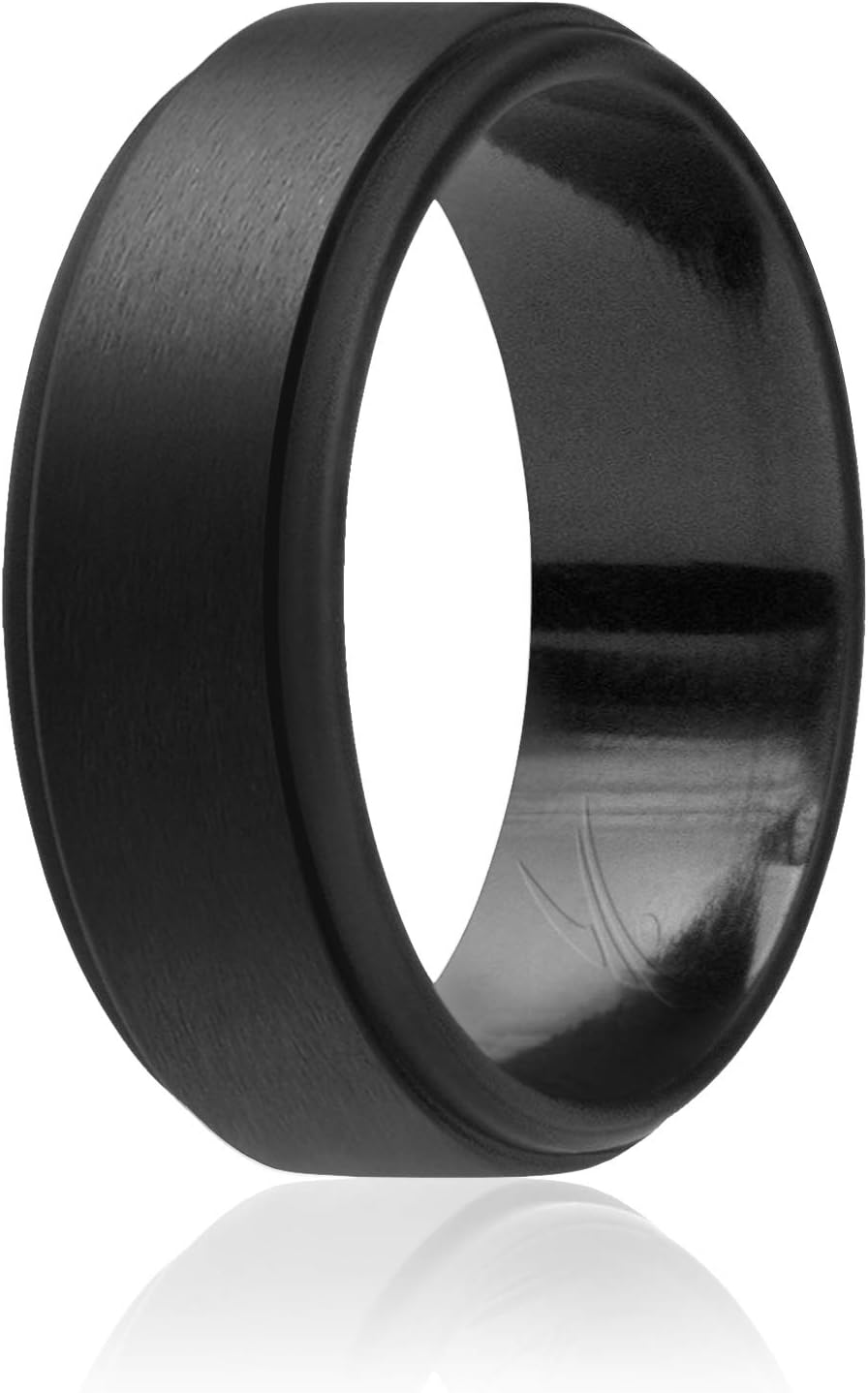 Silicone Rubber Wedding Ring for Men, Comfort Fit, Men's Wedding Band, Breathable Rubber Engagement Band, 8mm Wide 2mm Thick, Step Edge, Single, Black, Size 10, 10, Silicone, No Gemstone