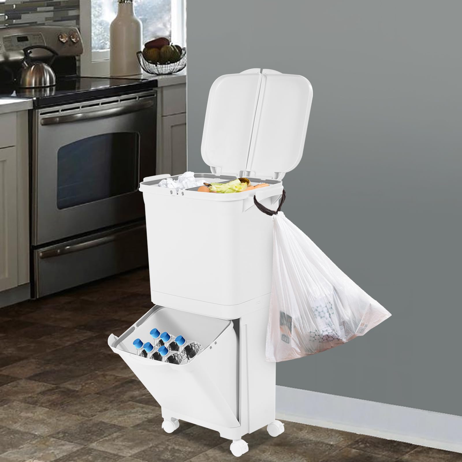 Pattumiera Differenziata 45L Cucina con Ruote Doppio Contenitore | Secchio verticale per smistamento, coperchio richiudibile, pattumiera da cucina e ufficio, secca e naso