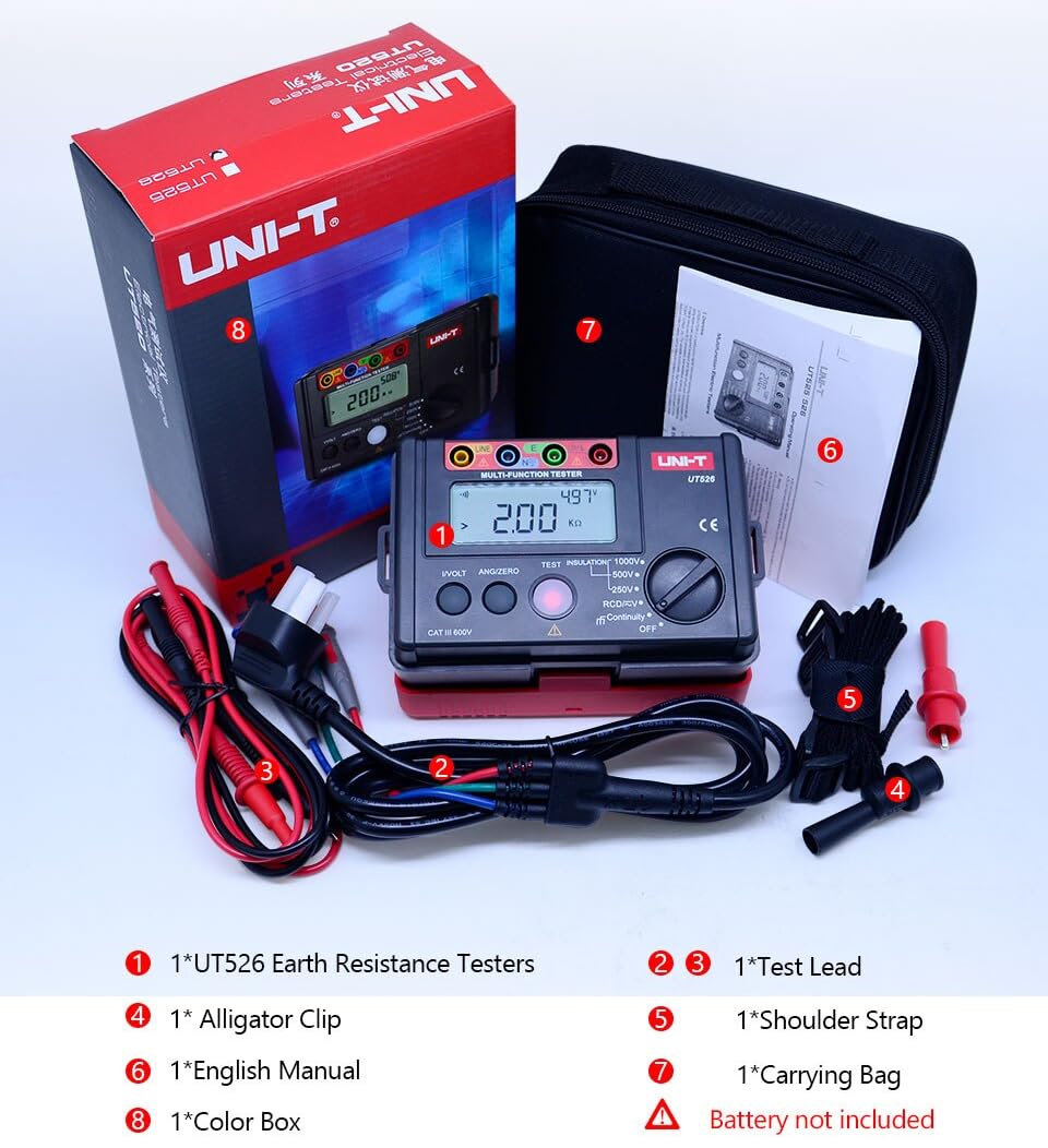 UNI-T Uni-Trend Ground Resistance Meter Digital Electrical Meter Insulation Resistance Tester AC DC Voltmeter UT526 RCD Test/Low Resistance Continuity Measure(UT526)