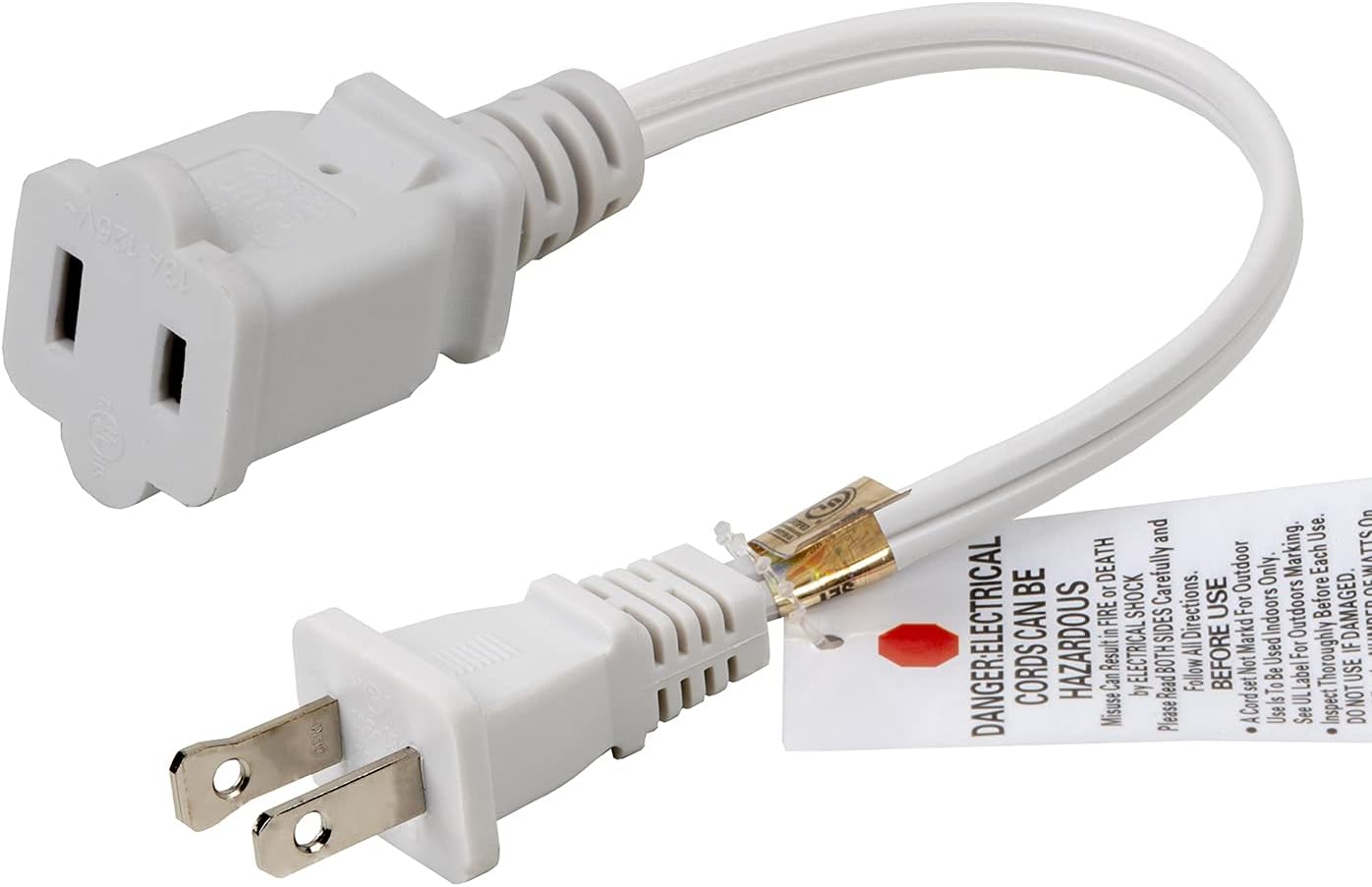 White Short 1-Foot 1FT Polarized US 2-Prong Male-Female Extension Power Cord Cable, 16AWG 2 Outlet Extension Cable Cord 10A/125V,Nema 1-15P to 1-15R Extension Cable…