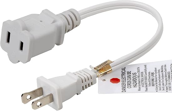 White Short 1-Foot 1FT Polarized US 2-Prong Male-Female Extension Power Cord Cable, 16AWG 2 Outlet Extension Cable Cord 10A/125V,Nema 1-15P to 1-15R Extension Cable...