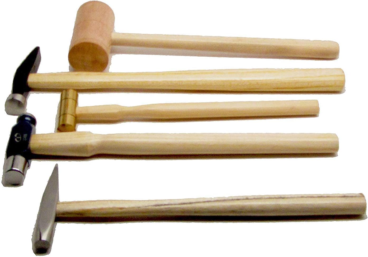 5 Piece Jewelers Hammer Set, Professional Kit Including 2 Oz Ball Peen, 9 Oz Goldsmith, 2 Oz Brass, Rivet, and 3 Oz Wooden Mallet