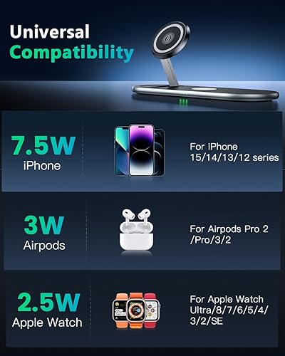 Miniatura 8 de Cargador inalámbrico de aleación de aluminio para viajes, estación de carga 3 en 1 para dispositivo Apple, soporte de cargador magnético de metal