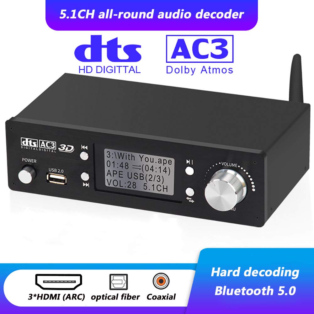 Décodeur audio, décodeur audio Dolby 5.1, BT-5.0 HDMI 4K 3D audio numérique et analogique, coaxial, optique, AUX, disque U, entrée PC USB, 192 kHz/24 bits, adapté à la musique home